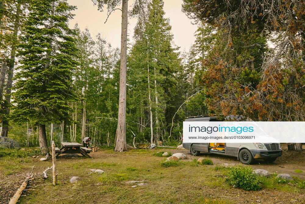 Camper van parked on campsite in northern California forest. Yosemite Valley, CA, United States CR_JUSLKY200806-466920-01 ,property released