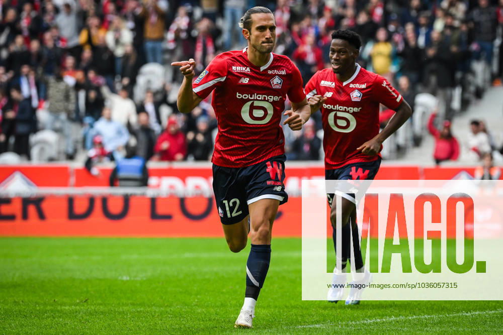 Yusuf YAZICI of Lille celebrate his goal with Jonathan DAVID of Lille during the Ligue 1 match between Lille OSC (LOSC) and Stade Brestois (Brest) at Pierre Mauroy Stadium on October 22, 2023 in Villeneuve-d Ascq near Lille, France. Villeneuve-d Ascq France - ZUMAm308 20231022_zsp_m308_001