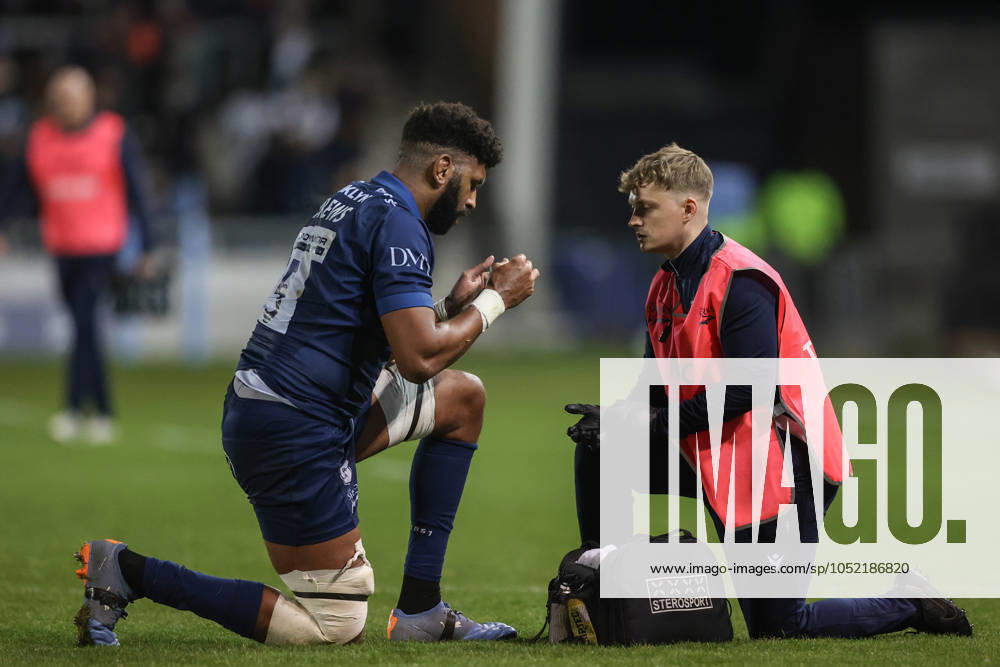 Gallagher Premiership Sale Sharks v Newcastle Falcons Hyron Andrews of Sale Sharks receives treatment during the Gallagher Premiership match Sale Sharks vs Newcastle Falcons at Salford Community Stadium, Eccles, United Kingdom, 11th October 2024 (Photo by Alfie Cosgrove News Images) Eccles Salford Community Stadium Greater Manchester United, ManU Kingdom