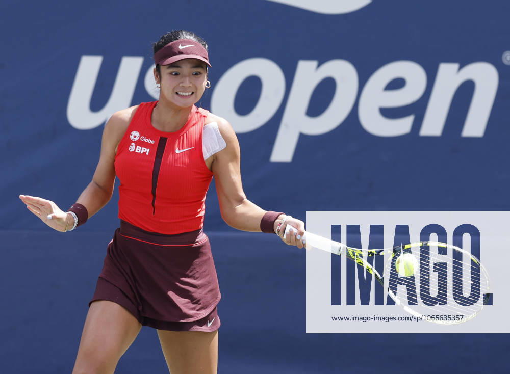 Alexandra Eala of the Philippines returns a ball to Cristina Bucsa Spain in the first set of their second round match on court 7 on day 4 at the 2025 US Open Tennis Championship at the USTA Billie Jean King National Tennis Center in New York City on Wednesday, August 27, 2025. Bucsa defeated Eala in straight sets. NYP20250827132 JOHNxANGELILLO