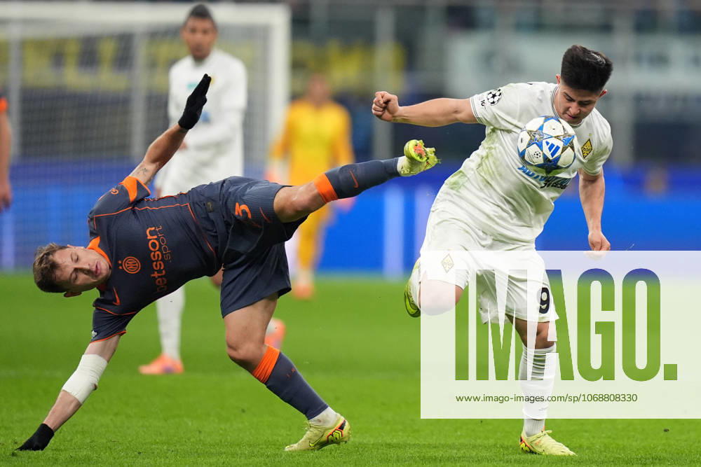 Inter Milans Nicolo Barella fights for the ball with Kairat s Dastan Satpayev during the Uefa Champions League soccer match between Inter and Kairat at the San Siro Stadium in Milan , north Italy - Wednesday , November 5 , 2025. - Soccer .