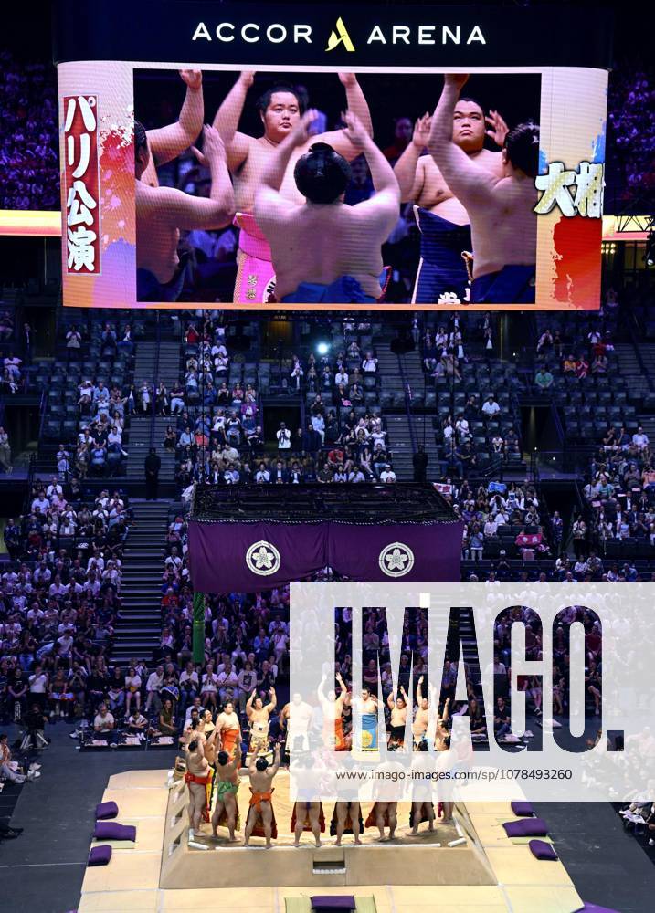 Sumo: Paris tournament Sumo wrestlers enter the ring on the first day of a two-day tournament at Accor Arena in Paris on June 13, 2026. A14AA0005618593P