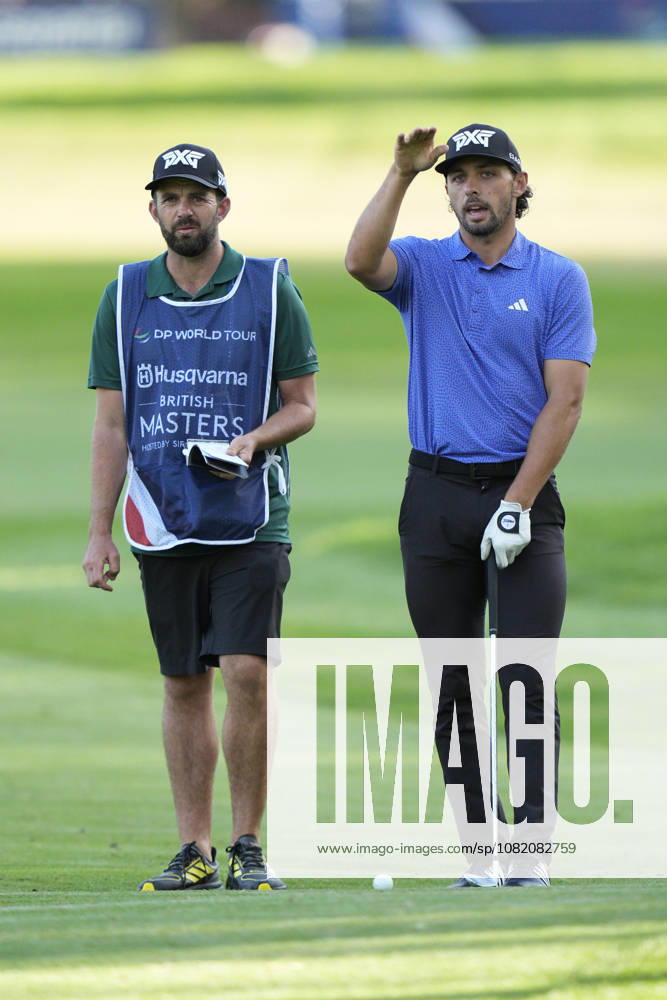 SUTTON COLDFIELD, ENGLAND - AUG 28: Marco Penge (ENG) gestures as he discusses his shot on the 1st fairway during Round 2 at the 2026 Husqvarna British Masters at The Belfry, Sutton Coalfield on August 28, 2026 in Warwickshire, England The 2026 Husqvarna British Masters