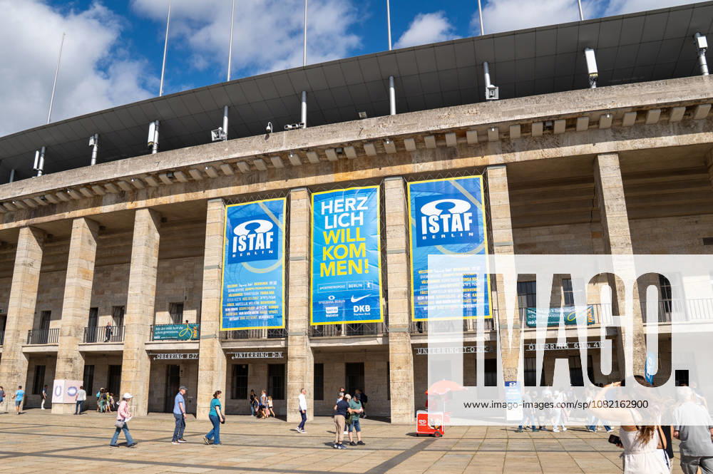 German Athletics, Track and Field Meeting, ISTAF 2026 Sports Festival on August 30, 2026, at the Berlin Olympic Stadium. ISTAF banner with the words Welcome on the facade of the Berlin Olympic Stadium ahead of the ISTAF Berlin international track and field meeting.