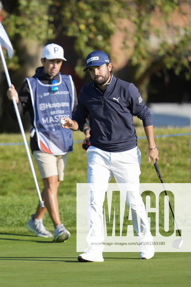 SUTTON COLDFIELD, ENGLAND - AUG 30: Angel Hidalgo (ESP) reacts after holing a putt for birdie on the seventeenth green during the delayed Round 3 at the 2026 Husqvarna British Masters at The Belfry, Sutton Coalfield on August 30, 2026 in Warwickshire, England The 2026 Husqvarna British Masters
