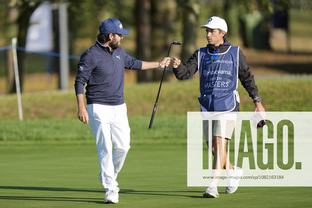 SUTTON COLDFIELD, ENGLAND - AUG 30: Angel Hidalgo (ESP) fist pumps his caddie after holing a putt for birdie on the seventeenth green during the delayed Round 3 at the 2026 Husqvarna British Masters at The Belfry, Sutton Coalfield on August 30, 2026 in Warwickshire, England The 2026 Husqvarna British Masters