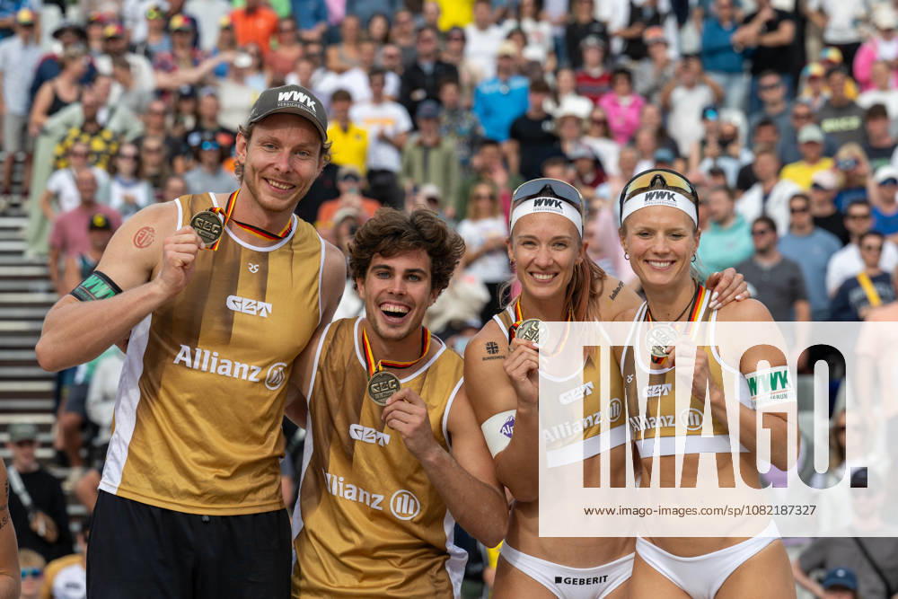 German Beach Championship - Deutsche Beachvolleyball Meisterschaft Dortmund, Germany 30.08.2026 DORTMUND, GERMANY - AUGUST 30: Deutsche Meister: Nils Ehlers (Player 1, ETV Hamburg), Lui Wüst (Player 2, Eintracht Spontent), Sandra Ittlinger (Player 1, Eintracht Spontent e.V.), Kim van de Velde (Player 2, Blaubären TSV Flacht) during the German Beach Championship - Deutsche Beachvolleyball Meisterschaft at Dortmund on August 30, 2026 in Dortmund, Germany.