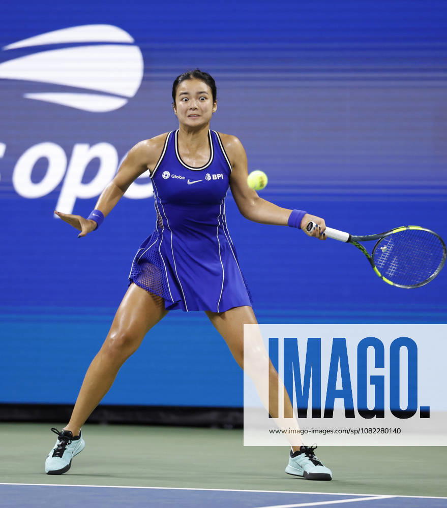 Alexandra Eala of the Philippines returns a ball to Mary.Stoiana in their first round match in Louis Armstrong Stadium at the 2026 US Open Tennis Championship at the USTA Billie Jean King National Tennis Center in New York City on Tuesday, September 1, 2026. NYP20260901125 JOHNxANGELILLO