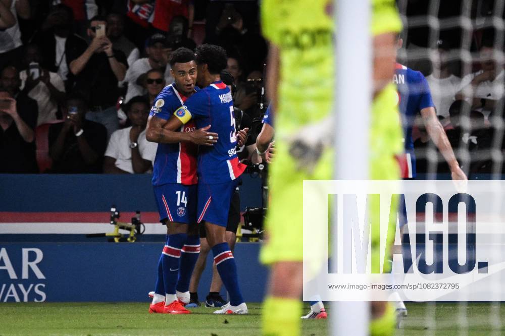 PARIS, FRANCE - SEPTEMBER 4, 2026: Paris Saint-Germainâ€⠢s forward Desire Doue celebrates scoring a goal with Paris Saint-Germainâ€⠢s defender Marquinhos during the French L1 football match between Paris Saint-Germain and AS Monaco at the Parc des Princes stadium in Paris on September 4, 2026. Paris France - ZUMAq101 20260904_zna_q101_197