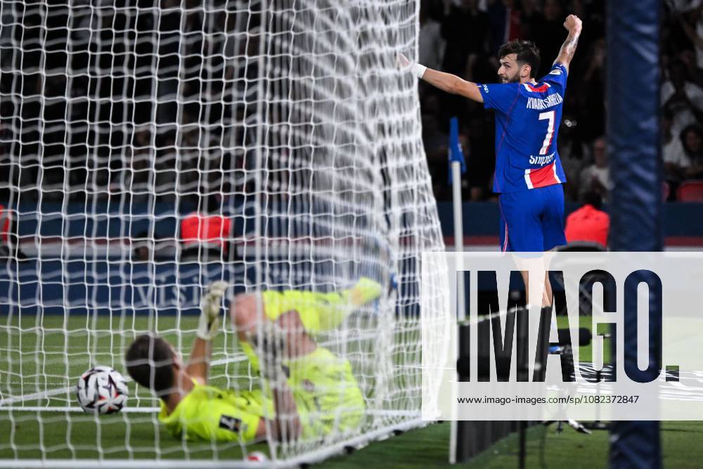PARIS, FRANCE - SEPTEMBER 4, 2026: Paris Saint-Germainâ€⠢s forward Khvicha Kvaratskhelia celebrates scoring a goal during the French L1 football match between Paris Saint-Germain and AS Monaco at the Parc des Princes stadium in Paris on September 4, 2026. Paris France - ZUMAq101 20260904_zna_q101_201