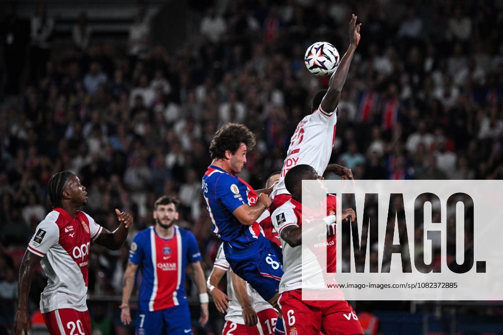 PARIS, FRANCE - SEPTEMBER 4, 2026: Paris Saint-Germainâ€⠢s midfielder Joao Neves heads the ball during the French L1 football match between Paris Saint-Germain and AS Monaco at the Parc des Princes stadium in Paris on September 4, 2026. Paris France - ZUMAq101 20260904_zna_q101_206