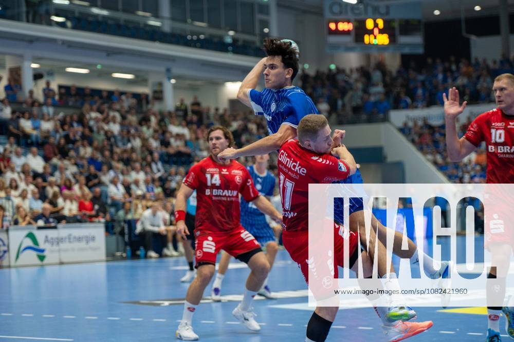Nicola Roganovic, Rueckraum, (VfL Gummersbach 23), Johannes Golla, Kreislaeufer, (MT Melsungen 14), Dimitri Ignatow, Aussen, (MT Melsungen 11), VfL Gummersbach vs. MT Melsungen,, Opel Handball Bundesliga, Herren , 3. Spieltag, 05.09.2026 Gummersbach NRW Deutschland