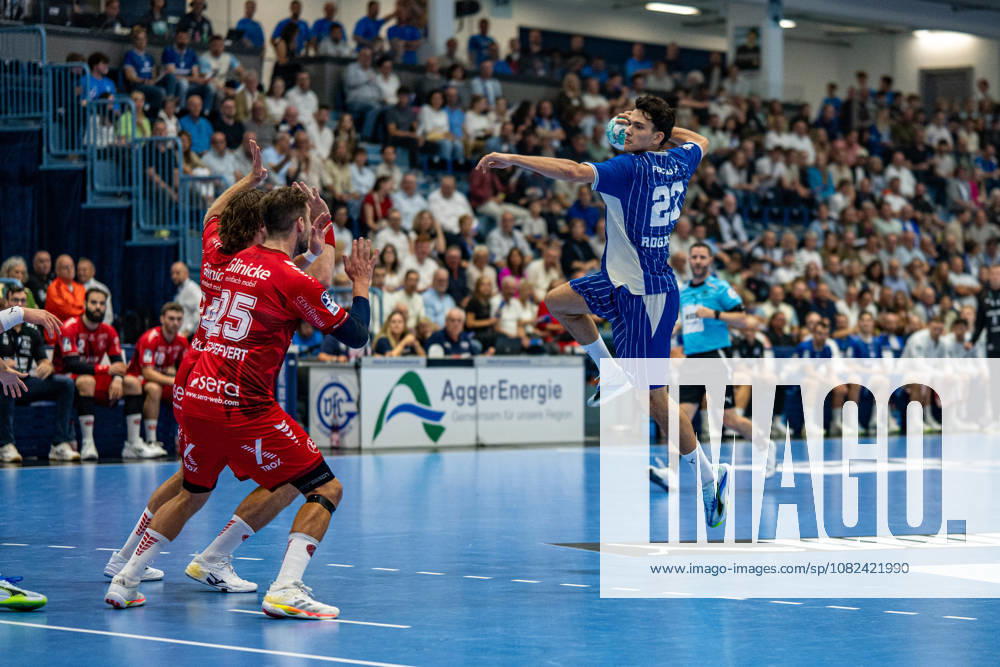 Opel Handball Bundesliga, VfL Gummersbach - MT Melsungen, 05.09.2026 Olle Forsell Schefvert (MT Melsungen 25), Nikola RoganoviÄ‡ (VfL Gummersbach 23), ; Opel Handball Bundesliga, VfL Gummersbach - MT Melsungen