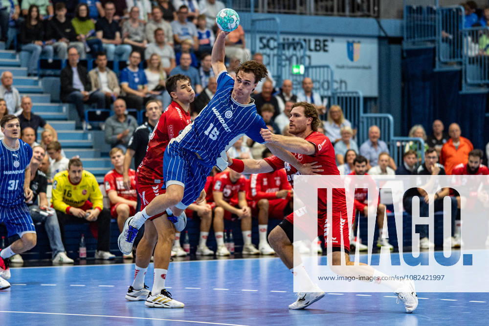 Opel Handball Bundesliga, VfL Gummersbach - MT Melsungen, 05.09.2026 Daniel Dujshebaev (MT Melsungen 24), Miro Schluroff (VfL Gummersbach 15), Johannes Golla (MT Melsungen 14), ; Opel Handball Bundesliga, VfL Gummersbach - MT Melsungen