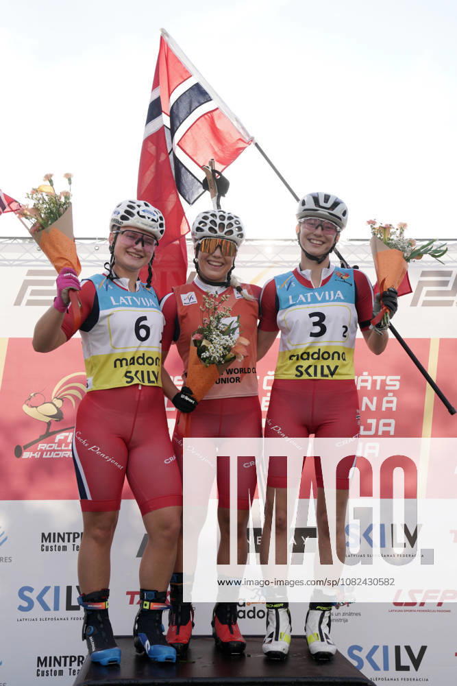 From left, Synnoeve Kjosavik, second place, Emilie Ruud Lia, first place, and Mille Sophie Sveinhaug Aarnes, third place, all of Norway celebrate after their Sprint race of the FIS Rollerski World Championships 2026 in Madona, Latvia, on September 5, 2026. Madona Latvia