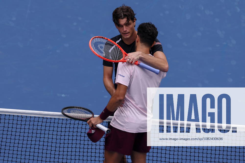US Open tennis tournament - Day 7 Taylor Fritz of the US in embraces Francisco Cerundolo of Argentina during the Mens Singles round 3 of the US Open Tennis Championships at the USTA Billie Jean King National Tennis Center in Flushing Meadows, New York, USA, 03 September 2026. The 2026 US Open tournament runs from 23 August through 13 September. FLUSHING MEADOWS NEW YORK United States