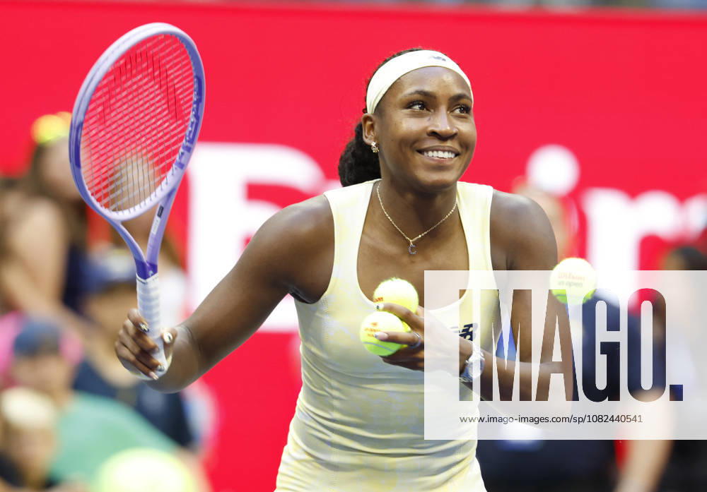 Coco Gauff celebrates after match point defeating Cristina Bucsa of Spain in straight sets in Arthur Ashe Stadium in the 3rd round at the 2026 US Open Tennis Championship at the USTA Billie Jean King National Tennis Center in New York City on Saturday, September 5, 2026. NYP20260905106 JOHNxANGELILLO