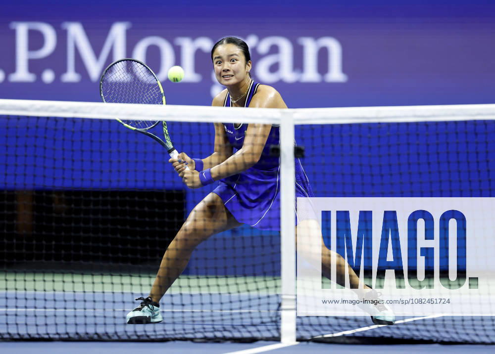 Alexandra Eala of the Philippines returns a ball to Iva Jovic in Arthur Ashe Stadium in the 3rd round at the 2026 US Open Tennis Championship at the USTA Billie Jean King National Tennis Center in New York City on Saturday, September 5, 2026. NYP20260905122 JOHNxANGELILLO