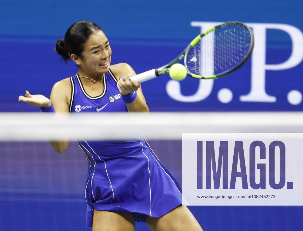 Alexandra Eala of the Philippines returns a ball to Iva Jovic in Arthur Ashe Stadium in the 3rd round at the 2026 US Open Tennis Championship at the USTA Billie Jean King National Tennis Center in New York City on Saturday, September 5, 2026. NYP20260905127 JOHNxANGELILLO