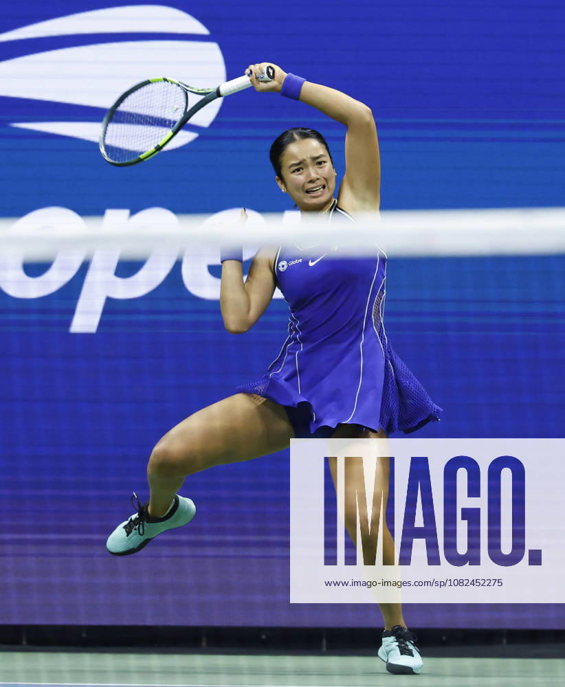 Alexandra Eala of the Philippines returns a ball to Iva Jovic in Arthur Ashe Stadium in the 3rd round at the 2026 US Open Tennis Championship at the USTA Billie Jean King National Tennis Center in New York City on Saturday, September 5, 2026. NYP20260905129 JOHNxANGELILLO