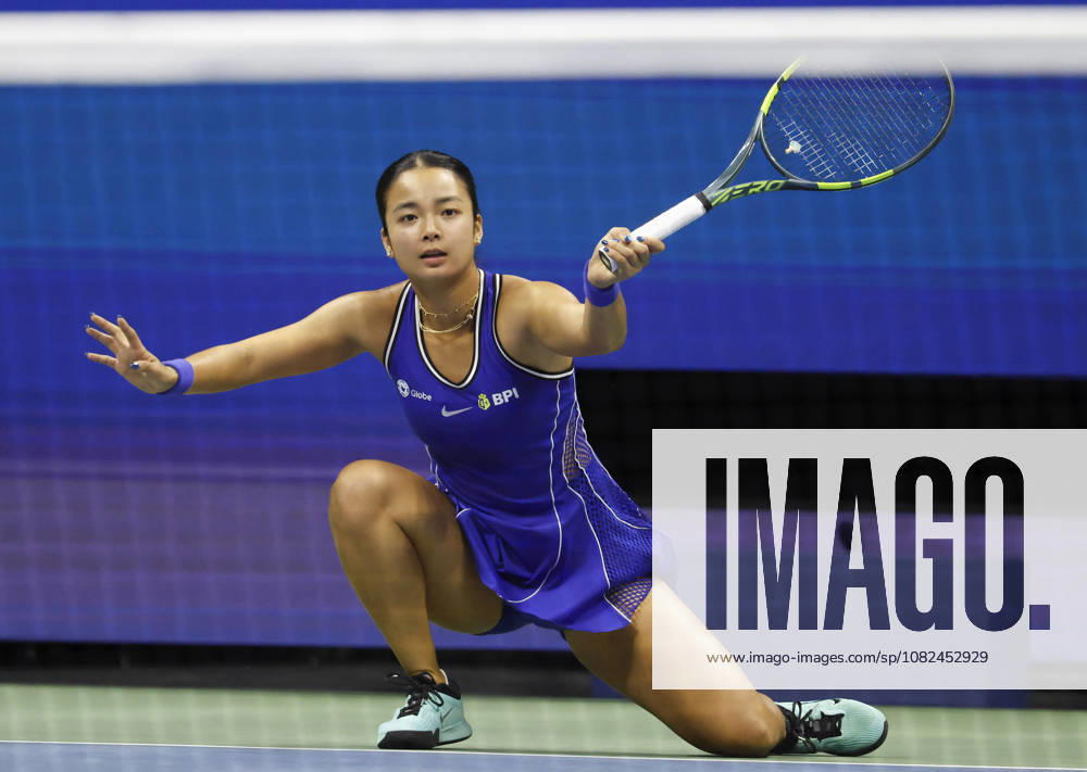 Alexandra Eala of the Philippines returns a ball to Iva Jovic in Arthur Ashe Stadium in the 3rd round at the 2026 US Open Tennis Championship at the USTA Billie Jean King National Tennis Center in New York City on Saturday, September 5, 2026. NYP20260905128 JOHNxANGELILLO