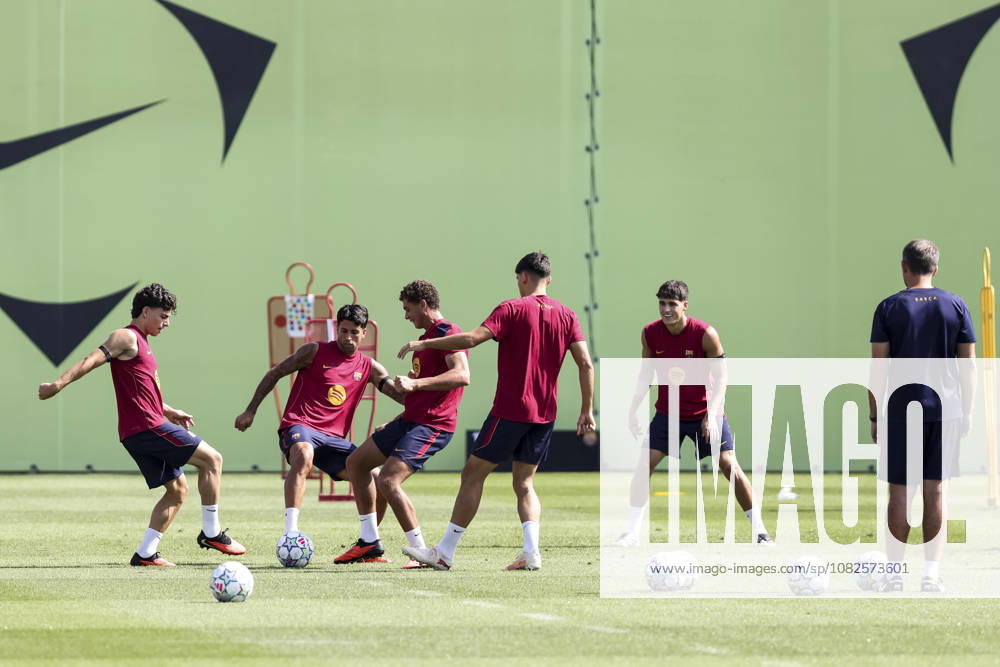 Joao Cancelo, Xavi Espart, Hamza Abdelkarim and Pau Cubarsi during the training day of FC Barcelona, Barca ahead UEFA Champions League 2026 27, football match against Feyenoord at Ciutat Esportiva Joan Gamper on September 08, 2026 in Sant Joan Despi, Barcelona, Spain. FC Barcelona Training And press conference, PK, Pressekonferenz - UEFA Champions League 2026 27 - ZUMAa181 20260908_zaa_a181_004