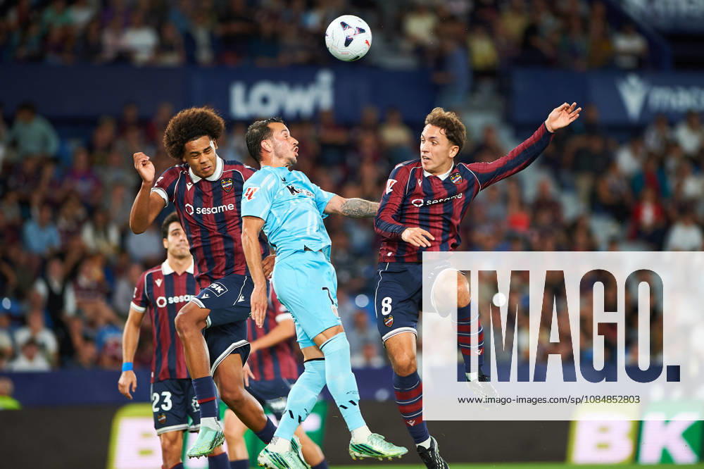 Ifeanyi Ndukwe (Levante UD), Alex Berenguer (Athletic Club) and Jon Ander Olasagasti (Levante UD) during the LaLiga EA Sports match between Levante UD and Athletic Club at Estadi Ciutat de València on October 21, 2026 in Valencia, Spain. -