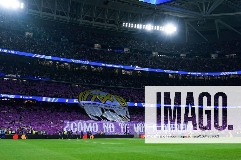 Herren, Fußball, UEFA Champions League, Real Madrid - RB Leipzig, Saison 2026 2027, Estadio Santiago Bernabeu: Choreografie der Fans von Real Marid Regulations prohibit any use of photographs as image sequences and or quasi-video.
