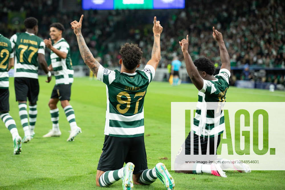 Sporting forward from Colombia LUIS SUAREZ (97) celebrating after scoring a goal with Sporting forward from Australia NESTORY IRANKUNDA (19) during the game for the League Phase for the UEFA Champions League between Sporting and LASK Linz at Estadio Jose de Alvalade Soccer 2026: Sporting Vs LASK Linz - ZUMAs359 20261021_zsp_s359_005