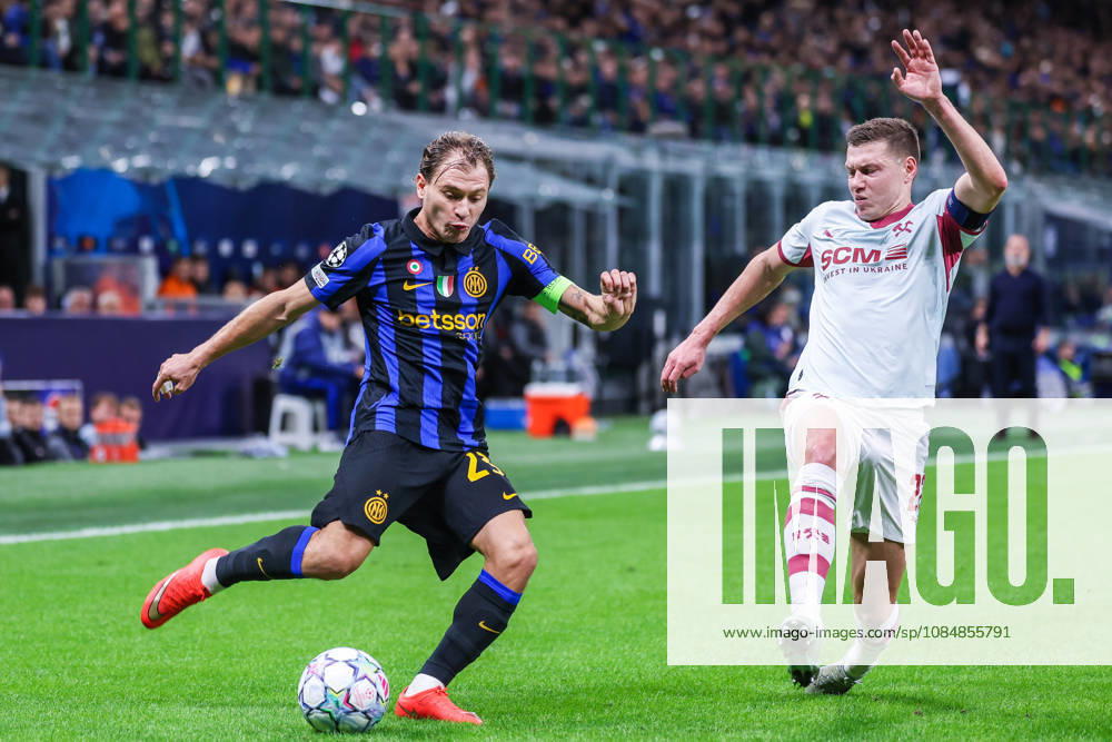 Nicolo Barella of FC Internazionale competes for the ball with Mykola Matviyenko of FC Shakhtar Donetsk during UEFA Champions League 2026 27 League Phase - Matchday 3 football match between FC Internazionale and FC Shakhtar Donetsk. Italy