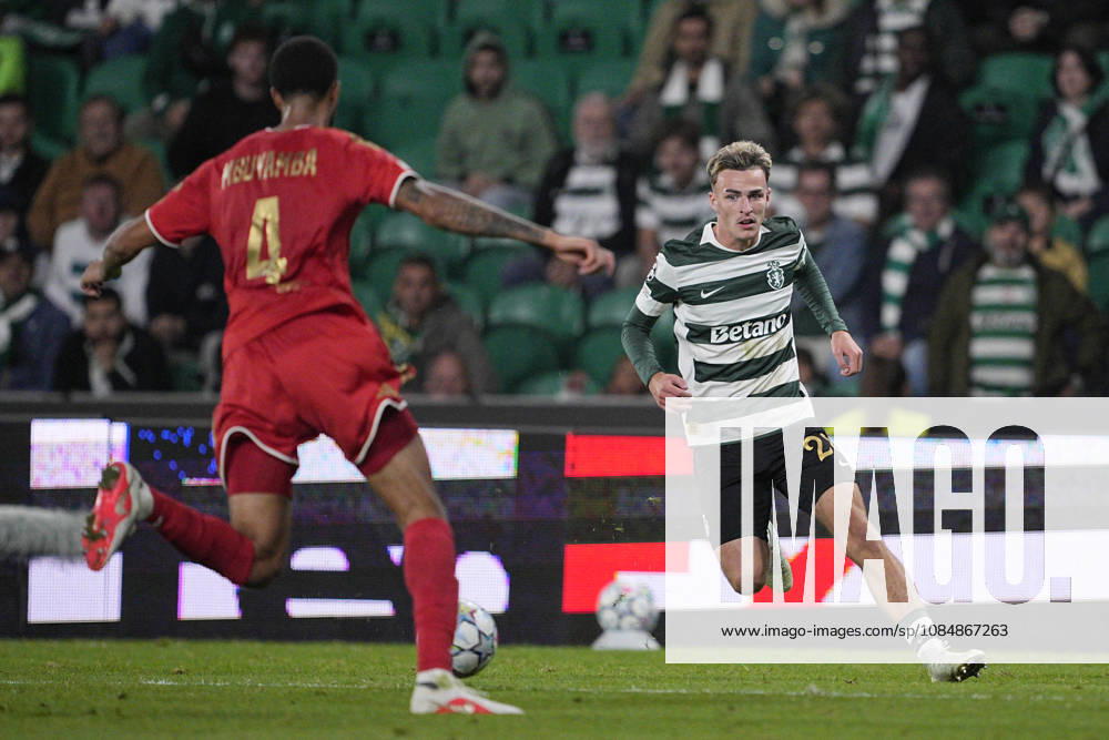 Jesse Derry of Sporting CP dribbles past an opponent during the UEFA Champions League 2026 27 League Phase MD3 match between Sporting Club de Portugal and LASK at Estadio Jose Alvalade on October 21, 2026 in Lisbon, Portugal (Photo by Pedro Loureiro Sports Press Photo SPP)