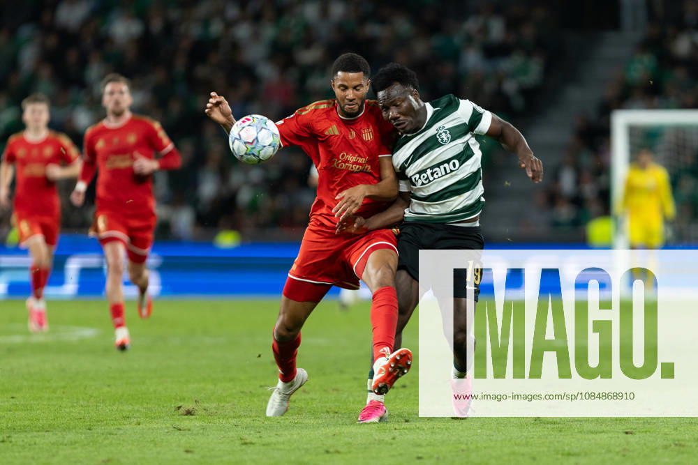 Lask defender from The Netherlands XAVIER MBUYAMBA (4) and Sporting forward from Australia NESTORY IRANKUNDA (19) in action during the game for the League Phase for the UEFA Champions League between Sporting and LASK Linz at Estadio Jose de Alvalade Soccer 2026: Sporting 2:3 LASK Linz - ZUMAs359 20261021_zsp_s359_128