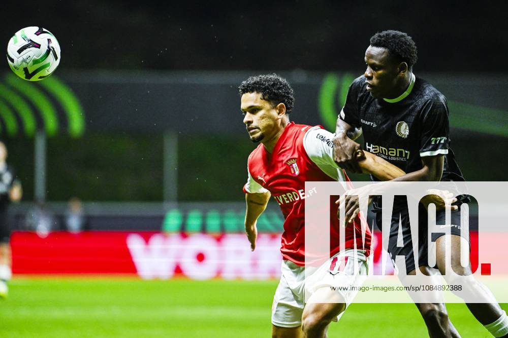 Gabriel Silva of SC Braga and Hyllarion Goore of KAA Gent pictured in action during a soccer game between Portuguese SC Braga and Belgian soccer team KAA Gent, Thursday 22 October 2026 in Braga, Portugal, the second match in the UEFA Conference League league phase. TOM GOYVAERTS TomxGoyvaerts x190686768x