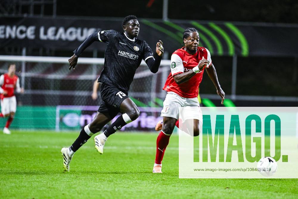 IbrahimÐ° Cisse of KAA Gent and Bright Arrey-Mbi of SC Braga pictured in action during a soccer game between Portuguese SC Braga and Belgian soccer team KAA Gent, Thursday 22 October 2026 in Braga, Portugal, the second match in the UEFA Conference League league phase. TOM GOYVAERTS TomxGoyvaerts x190689972x
