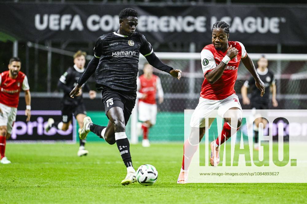 IbrahimÐ° Cisse of KAA Gent and Bright Arrey-Mbi of SC Braga pictured in action during a soccer game between Portuguese SC Braga and Belgian soccer team KAA Gent, Thursday 22 October 2026 in Braga, Portugal, the second match in the UEFA Conference League league phase. TOM GOYVAERTS TomxGoyvaerts x190690086x