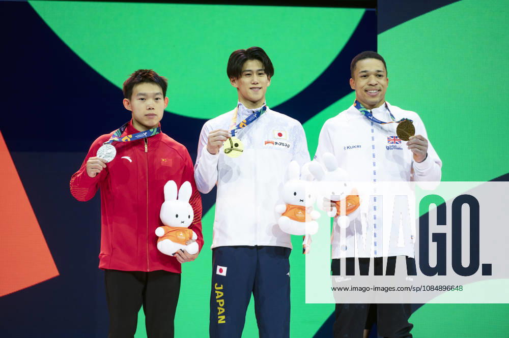 Rotterdam The Netherlands 22nd October 2026 World Championships artistic gymnastics. Mens allround competition Podium places Haonan Yang (CHN) silver Winner Daiki Hashimoto (JPN) Braonze Joe Fraser (GBR)