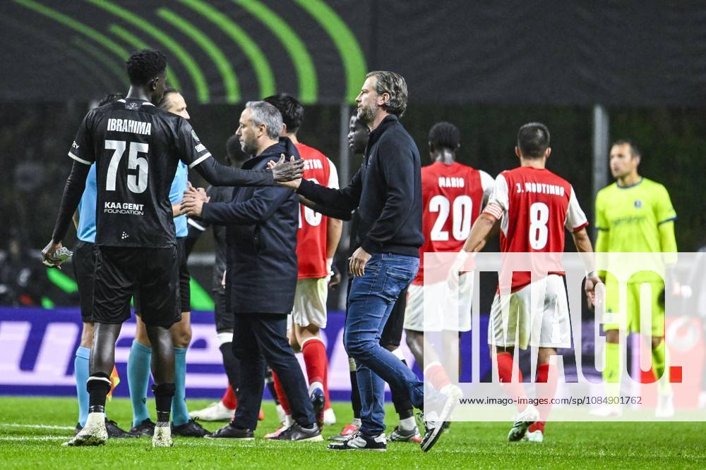IbrahimÐ° Cisse of KAA Gent and Rik De Mil, head coach of KAA Gent look dejected after losing a soccer game between Portuguese SC Braga and Belgian soccer team KAA Gent, Thursday 22 October 2026 in Braga, Portugal, the second match in the UEFA Conference League league phase. TOM GOYVAERTS TomxGoyvaerts x190703125x