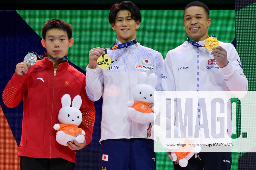 Daiki Hashimoto from Japan (center), Haonan Yang from China (left) and Joe Fraser from Great Britain (right) celebrate finishing first, second and third respectively in the Men All-round finals at the 54th Artistic Gymnastics World Championships, on 22 October 2026 at Rotterdam Ahoy, Rotterdam, the Netherlands. Noxthirdxpartyxsales,xHOLLANDxOUT aflo_358243696 RichardxHuisxinxtxVeldx