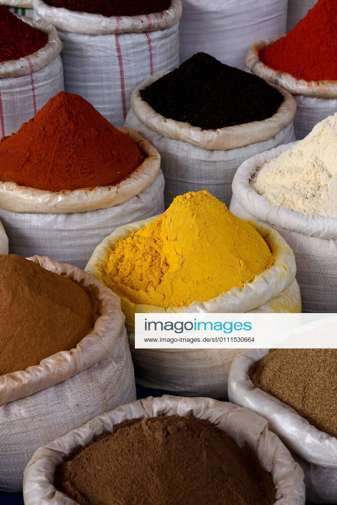 Spices in bags, market stall in Ürgüp, Cappadocia, Turkey, Asia
