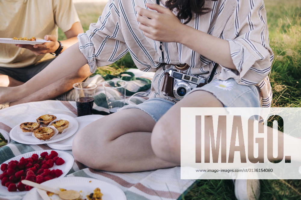 IMAGO Creative: Jahreszeit Frühling, Picknick Friends having food while sitting on picnic blanket model released Symbolfoto ASGF01400