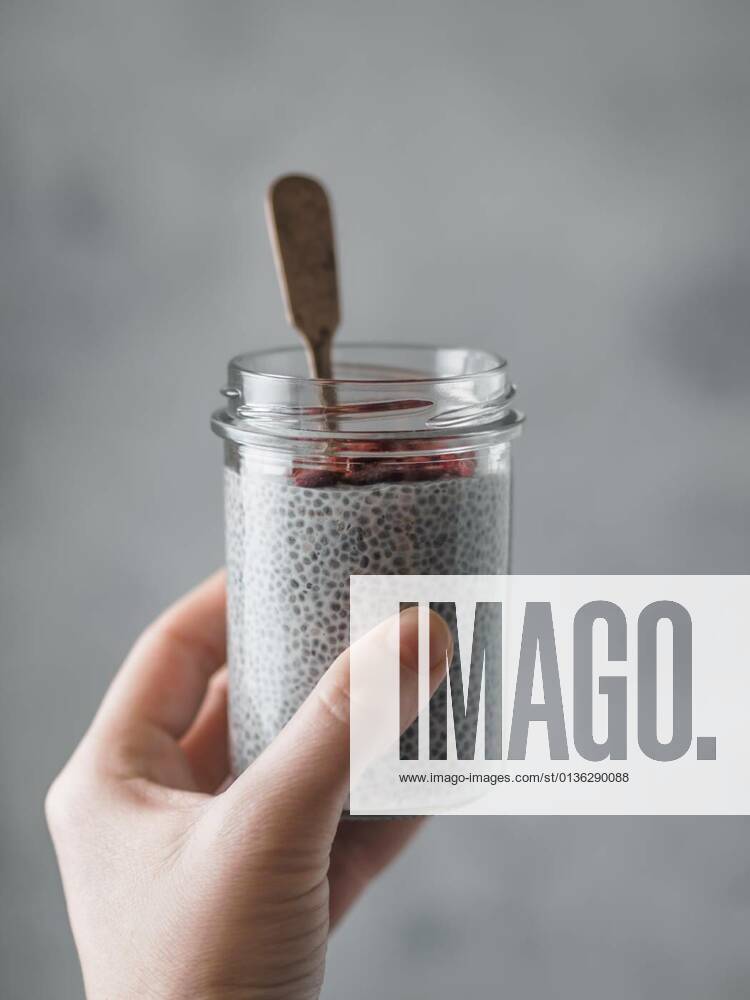Chia pudding in woman hand, 12.10.2020,