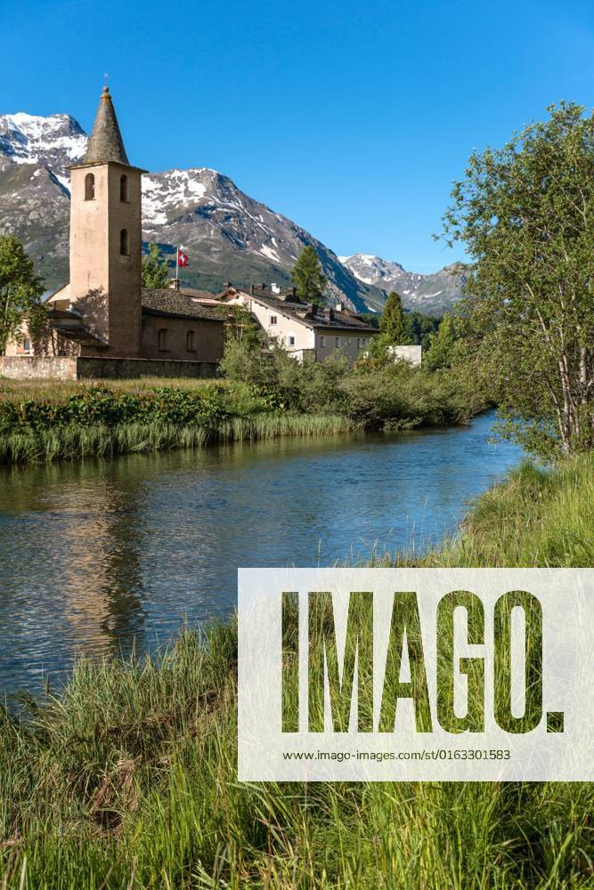 Church from Sils Baseglia on Silser Lake at Summer, Switzerland, Graubünden, Engadine, Sils Baseglia Church of Sils Baseglia AT Lake Sils in buzzer, Switzerland, grisons, Engadine, Sils Baseglia BLWS670778