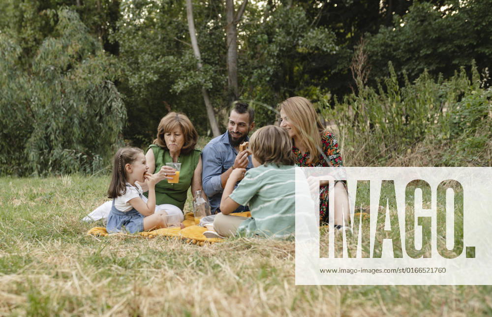 Happy family eating together at park model released, Symbolfoto, JCCMF06833