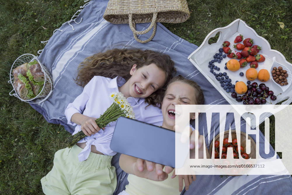 Cheerful girl taking selfie with sister through smart phone in park model released, Symbolfoto, OSF00513