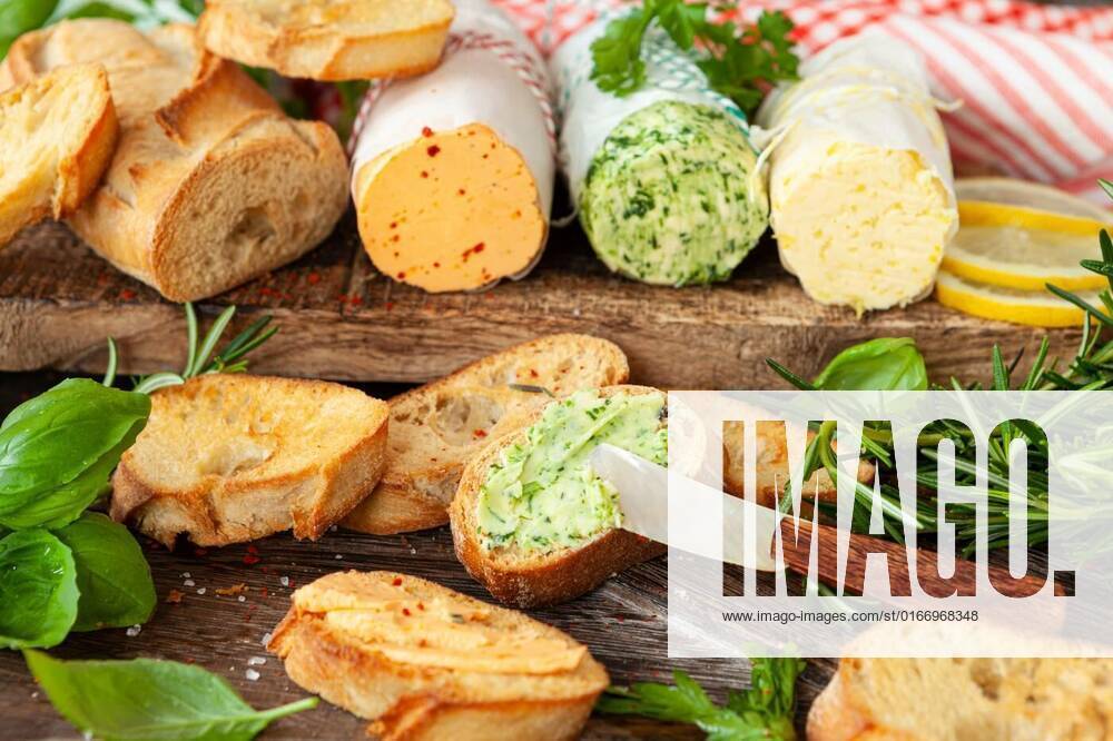Homemade butter with baguette, Homemade herb butter with slices of roasted baguette, 01.06.2021,