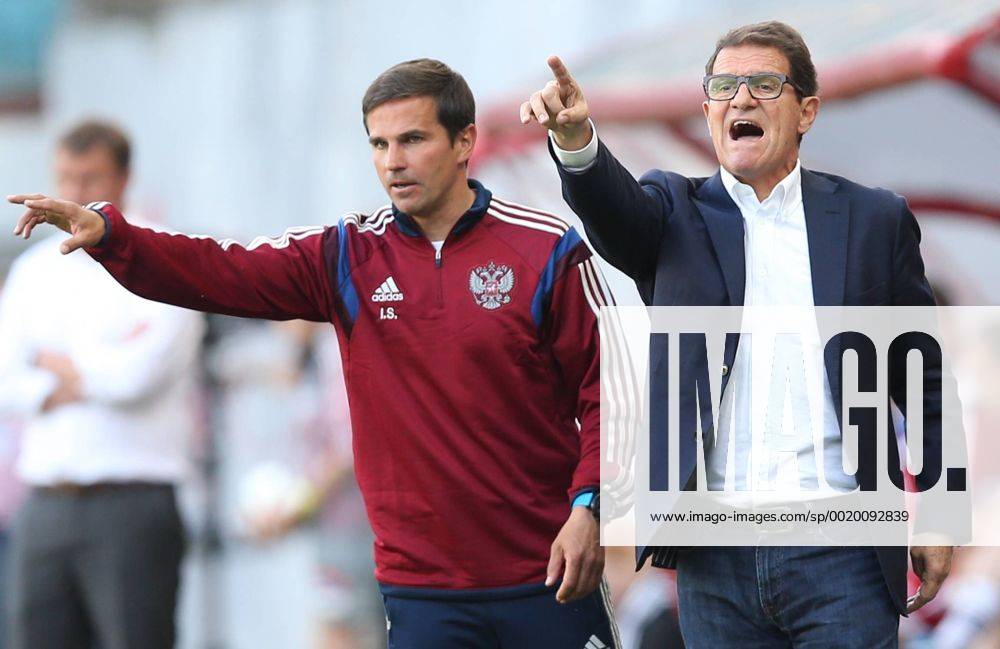 MOSCOW REGION, RUSSIA. JUNE 7, 2015. Russian national football team head coach Fabio Capello (R) reacts in a friendly football match between Russia and Belarus at the Arena Khimki Stadium. Artyom Korotayev TASS TS0054C7