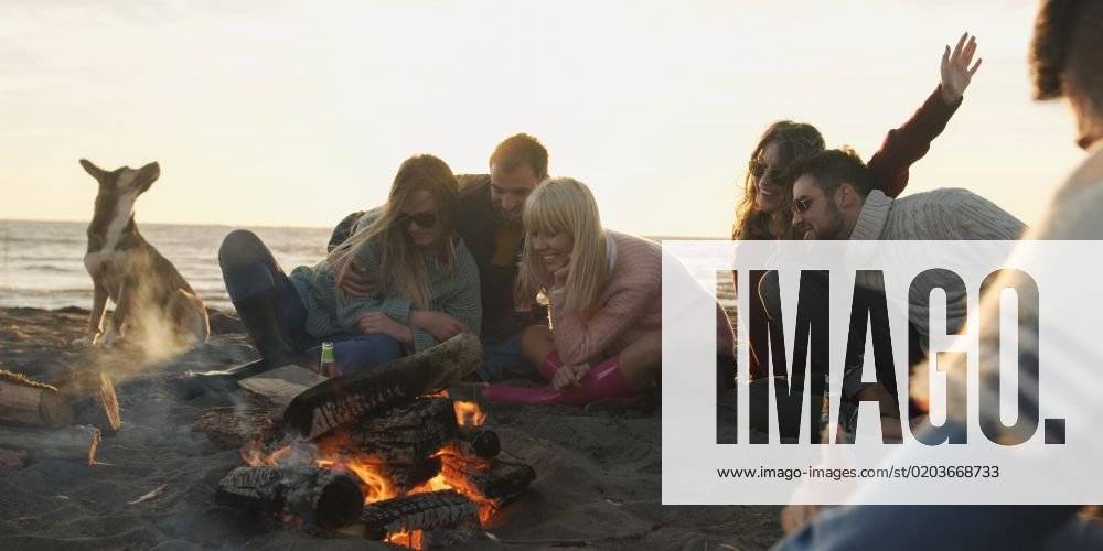 Group of friends with dog relaxing around bonfire on the beach at sunset; Gruppe des Freunde mit Hund entspannend rund Freudenfeuer am der Strand im Sonnenuntergang ING_32193_158527