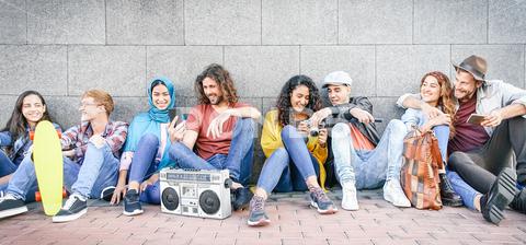 Group of multiracial friends having fun outdoor - Millennial young people using mobile phones taking photo and listening music with vintage stereo - Generation z, social and youth lifestyle concept arab, bonding, camera, cell, cellphone, city, college, diverse, friends, friendship, fun, generation, girl, group, happy, hijab, hipsters, influencer, laughing, lifestyle, longboard, media, men, millenial, millennial, mobile, multicultural, multiracial, muslim, network, people, phone, skateboard, smartphone, smiling, social, stereo, student, technology, teenager, trendy, university, video, vintage, watching, women, young, youth, z