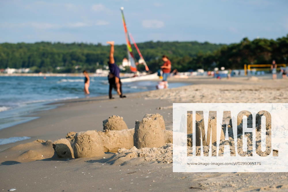 View of the beach of Binz on the island of Rügen in Mecklenburg Western Pomerania In the foreground is a sand castle Binz is the largest seaside resort on the island of Rügen The municipality belongs to the district of Western Pomerania Rügen in Mecklenburg Western Pomerania The Baltic seaside