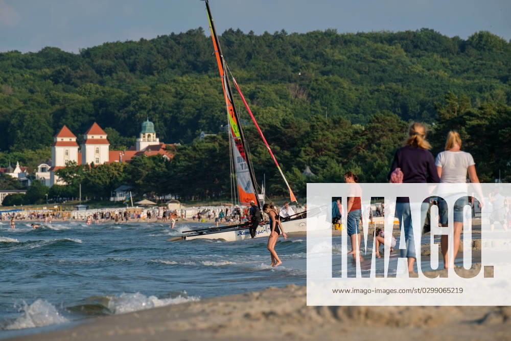 View of the beach of Binz on the island of Rügen in Mecklenburg Western Pomerania In the foreground is a sand castle Binz is the largest seaside resort on the island of Rügen The municipality belongs to the district of Western Pomerania Rügen in Mecklenburg Western Pomerania The Baltic seaside